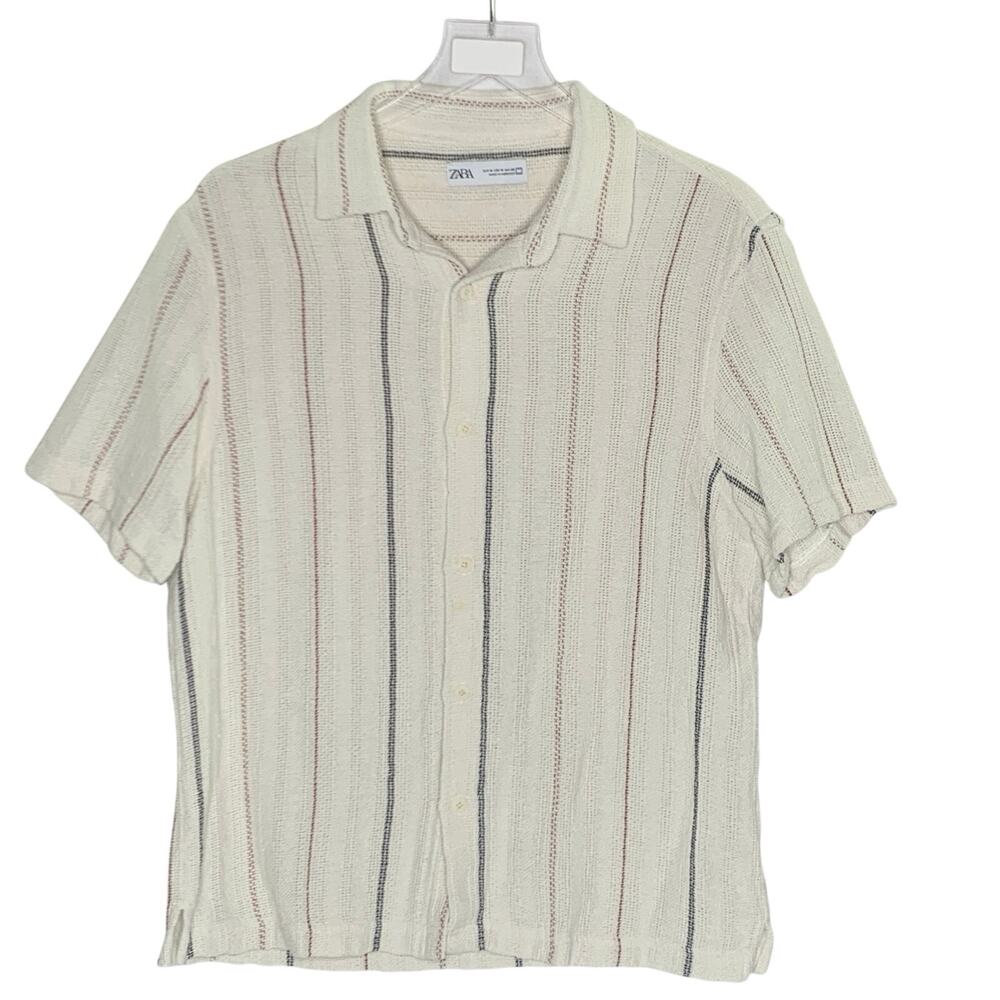Zara Mens Knit Textured Shirt M Tan Striped Short Sleeves Button Front Cotton